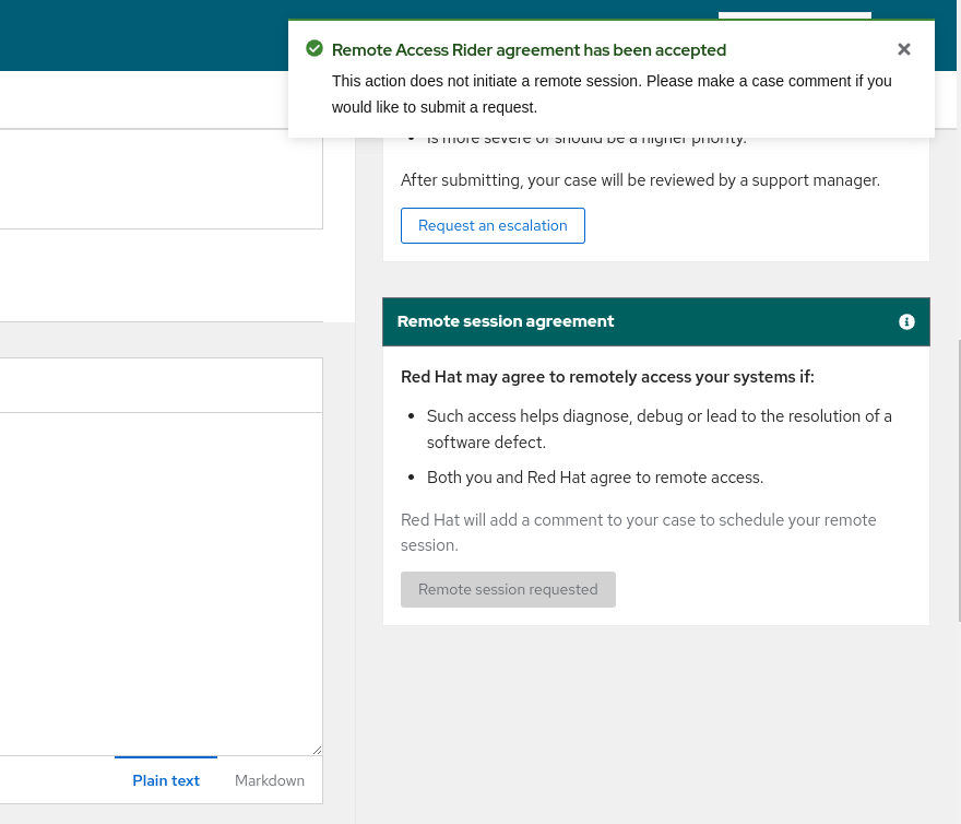 Pop-up shows confirmation of remote session request submission.