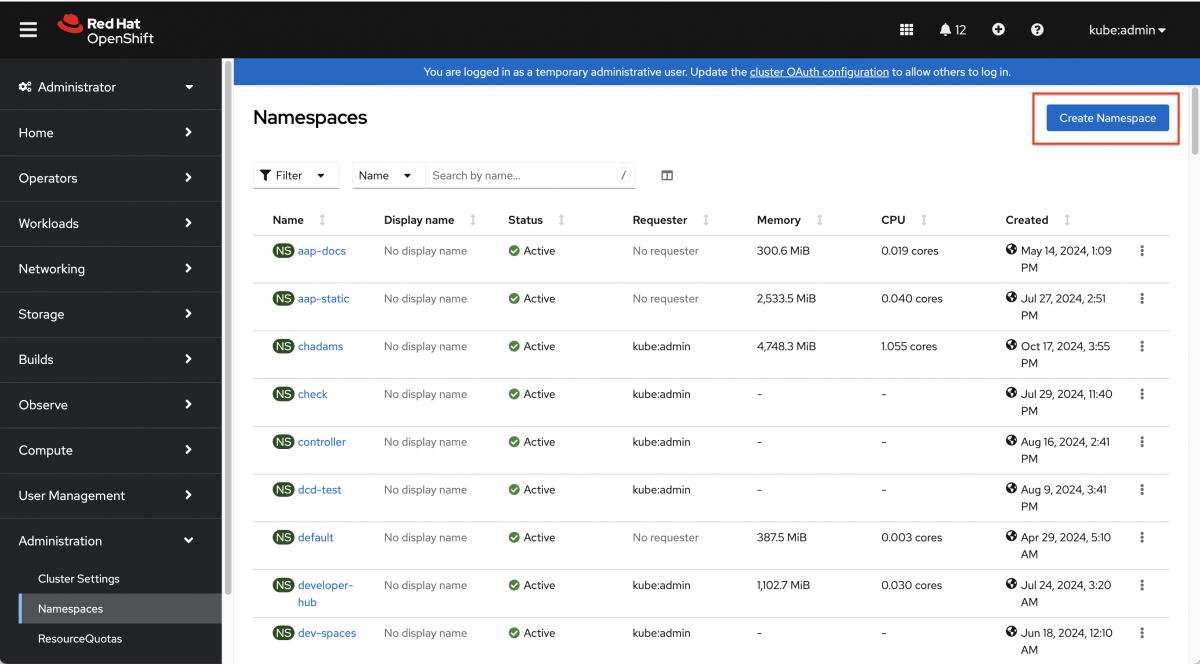 The Namespaces window of the Red Hat OpenShift console page with Create Namespace button emphasized.