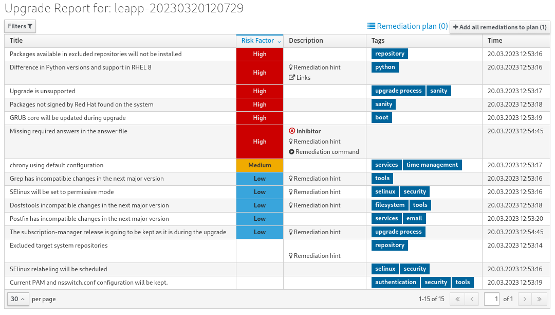In-place upgrade report in the web console