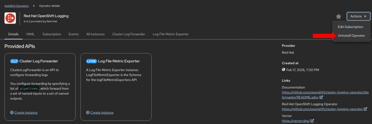 Uninstall Red Hat OpenShift Logging Operator 1
