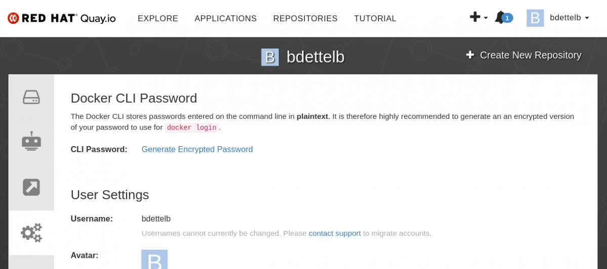 quay.io account settings