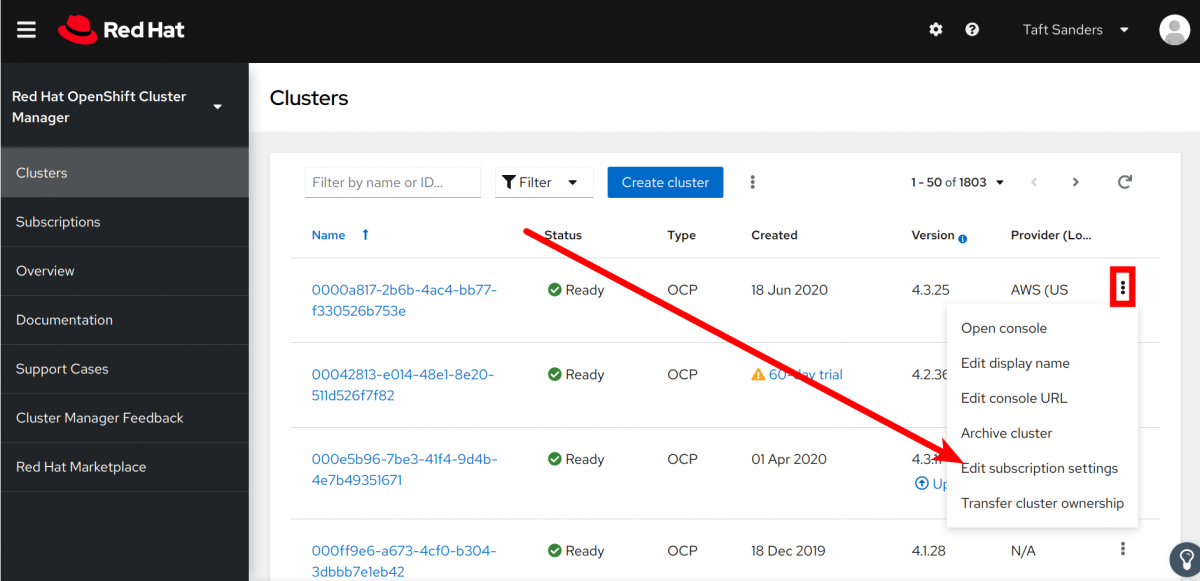 Red Hat Openshift Cluster Management Edit Subscription Settings
